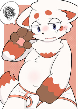 4_fingers anthro belly blue_eyes blush blush_lines bodily_fluids briefs briefs_only brown_markings bulge cheek_tuft chest_tuft clothed clothing crying cute_fangs dipstick_tail facial_tuft fangs fingers fur head_tuft kemono looking_at_viewer male markings multicolored_body multicolored_fur navel open_mouth overweight pawpads pink_pawpads red_markings solo tail tail_markings tears teeth topless tuft underwear underwear_only white_body white_fur young mujimuji1010 canid canine mammal absurd_res colored digital_drawing_(artwork) digital_media_(artwork) hi_res shaded