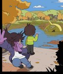 2019 4_fingers 5_fingers anthro city clothed clothing deltarune detailed_background dinosaur female fingers food group human kris_(deltarune) lake male mammal nyusu_ut onion onionsan outside plant purple_body reptile scalie sky smile surprise surprised_expression susie_(deltarune) tree trio undertale_(series) vegetable yellow_body