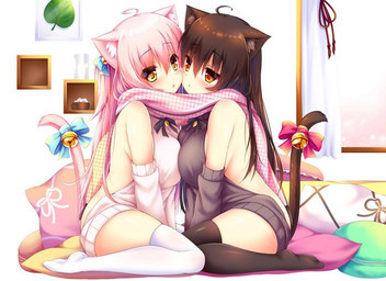 accessory bare_back bell big_breasts black_hair blush bow_(feature) bow_accessory bow_ribbon breast_squish breasts breasts_frottage clothing duo female female/female furgonomics hair hair_accessory hair_bow hair_ribbon inner_ear_fluff inside kneeling legwear long_hair looking_at_viewer open_mouth pink_hair ponytail red_eyes ribbons squish stockings sweater tail tail_accessory tail_bell tail_bow tail_ribbon thigh_highs topwear tuft virgin_killer_sweater yellow_eyes young syroh meme_clothing animal_humanoid canid canine domestic_cat felid feline felis humanoid mammal 2017 meme