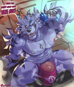 anthro armpit_hair big_bulge big_muscles big_pecs big_penis bodily_fluids body_hair bottle bulge clothed clothing container dialogue erection genitals grey_body grey_scales happy_trail huge_penis humanoid_genitalia humanoid_penis male muscular muscular_anthro muscular_male musk pecs penis pubes scales sharp_teeth shirt solo speedo speedo_only sweat sweaty_armpit sweaty_body sweaty_genitalia sweaty_legs sweaty_thighs swimwear tank_top teeth text thick_penis topless topwear translucent translucent_clothing vein veiny_penis water water_bottle wet wet_clothing wet_shirt wet_topwear yellow_eyes ritsukaxan bandai_namco digimon digimon_(species) weregarurumon english_text hi_res