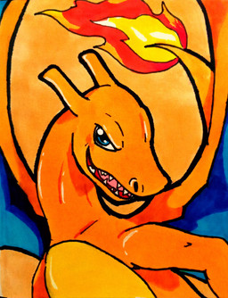 ambiguous_gender blue_eyes fangs feral fire horn long_neck looking_at_viewer membrane_(anatomy) membranous_wings open_mouth orange_background orange_body simple_background smile solo tail teeth wings glury_the_unown mythology nintendo pokemon charizard dragon generation_1_pokemon mythological_creature mythological_scalie pokemon_(species) scalie absurd_res hi_res portrait traditional_media_(artwork)