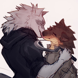 anthro brown_body brown_fur clothed clothing duo eyes_closed fluffy french_kissing fur fuzzy grey_body grey_fur holding_object holding_weapon intraspecies kissing love male male/male poncho sickle simple_background smile teeth tongue weapon white_background excaliburwolf dreamworks puss_in_boots_(franchise) the_bad_guys death_(puss_in_boots) mr._wolf_(the_bad_guys) canid canine canis mammal wolf hi_res
