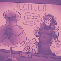accessory ambiguous_gender anthro belly breasts clothing dessert dialogue dress duo female feral food headband ice_cream shopping shopping_bag text keffotin nintendo pokemon alcremie generation_8_pokemon human mammal pokemon_(species) 1:1 2021 english_text hi_res