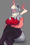 anthro big_breasts big_butt breasts butt clothing crossed_legs female fur grey_background grey_body grey_fur grey_hair hair half-closed_eyes legwear legwear_only leotard mostly_nude narrowed_eyes scraf simple_background solo stockings stockings_only sweater topwear zeo_(artist) nintendo pokemon generation_8_pokemon hisuian_form hisuian_zorua pokemon_(species) regional_form_(pokemon) absurd_res hi_res