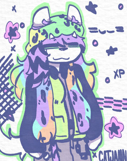 =w= anthro clothing eyes_closed female fur gir_hoodie hair hat headgear headwear horn multicolored_hair raccoon_tail_hair rainbow_hair scene_haircut solo sparklefur white_body white_fur catjamn xcite_(catjamn) 2026 digital_drawing_(artwork) digital_media_(artwork) hi_res sketch sketch_page