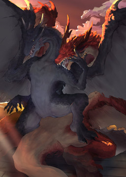 ambiguous_gender bodily_fluids claws cloud countershading duo feral grey_body horn licking light light_beam lying on_back red_body rim_light saliva scales spikes spikes_(anatomy) spread_wings sunbeam sunlight teeth tongue wings yellow_eyes ibuki_shione capcom monster_hunter mythology dragon fatalis mythological_creature mythological_scalie safi'jiiva scalie hi_res