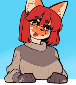 4_fingers anthro big_breasts blep blue_background blush blush_lines breasts brown_body brown_fur brown_nose clothed clothed_anthro clothed_female clothing eyebrows female female_anthro fingers fur hair inner_ear_fluff kemono looking_at_viewer multicolored_body multicolored_fur orange_body orange_eyes orange_fur red_hair short_hair silly simple_background solo sweater tan_body tan_fur thick_eyebrows tongue tongue_out topwear tuft yellowparrottw lang_(yellowparrottw) canid canine mammal maned_wolf 2026 absurd_res digital_media_(artwork) hi_res portrait reaction_image