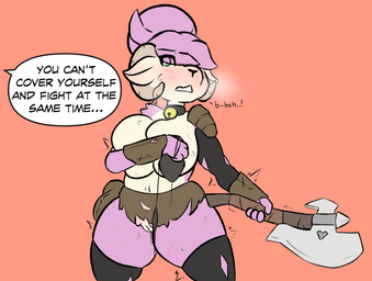 ambiguous_gender anthro axe bell bell_collar big_breasts blush breasts breasts_and_teats caprine_teats caprine_udders clothing collar covering covering_breasts covering_self dialogue duo embarrassed female female_anthro fur genitals hair legwear melee_weapon multicolored_body multicolored_fur offscreen_character pink_body pink_fur pink_hair shaking tan_body tan_fur teats text thick_thighs thigh_highs torn_clothing two_tone_body two_tone_fur udders vulva weapon wide_eyed wounded petsoftthings yanna_(character) bovid caprine goat mammal alternate_version_at_source english_text