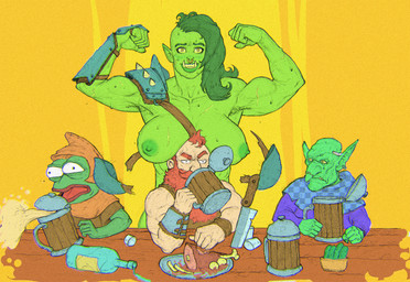 5_fingers anthro areola armor armpit_hair beard biceps big_breasts bodily_fluids body_hair boob_hat bottle breasts clothed clothed_male clothing container cup deltoids drinking facial_hair facial_piercing female fingers flexing flexing_bicep food front_view furniture green_body green_eyes green_hair green_skin group hair light_body light_skin looking_at_viewer male male_anthro muscular muscular_female muscular_humanoid mustache nipples nose_piercing nose_ring not_furry_focus notched_ear open_mouth pauldron pecs pecs_with_breasts pickle_(food) piercing plate pose red_hair ring_piercing septum_piercing septum_ring sidecut simple_background sitting smile standing stitch_(sewing) sweat table tankard teeth tusks justsomenoob pepe_the_frog amphibian dwarf frog goblin humanoid orc 2021 digital_media_(artwork) hi_res meme