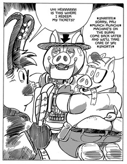 after_transformation anthro big_butt butt dialogue duo eyewear glasses male mechanic overweight overweight_male plumber's_crack speech_bubble text ticket_machine billy_fore domestic_pig lagomorph leporid mammal rabbit suid suine sus_(pig) black_and_white comic english_text hi_res monochrome
