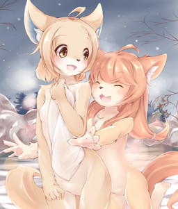 5_fingers :3 ahoge anthro bath black_nose blush breasts brown_hair casual_nudity duo eyes_closed featureless_crotch female fingers flat_chested fur hair happy hot_spring inner_ear_fluff kemono loli long_hair nipples nude one_breast_out onsen open_mouth outside short_hair small_breasts snow standing tan_body tan_fur towel tuft water yellow_eyes young bd_collie kohaku_(fuu) leonor_(kida_kuro_mu) canid canine canis domestic_dog mammal 2016 hi_res