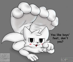 3_toes anthro barefoot black_nose blush cheek_tuft dialogue facial_tuft feet foot_focus fur fur_tuft gesture hand_gesture hands_behind_back head_tuft humanoid_feet looking_at_viewer lying male on_front open_mouth plantigrade pointing pointing_at_viewer soles solo tail talking_to_viewer text toes tuft white_body white_fur wrinkled_feet wrinkles coyocislav skonczonyidiota boy_kisser_(meme) silly_cat_(mauzymice) domestic_cat felid feline felis mammal hi_res meme