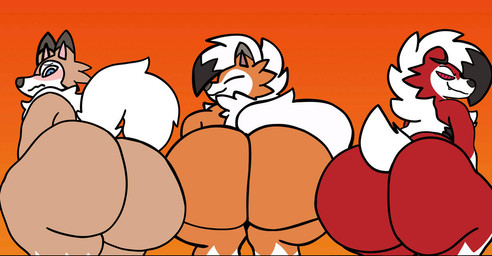 ambiguous_gender anthro anthrofied big_butt blush butt embarrassed eyes_closed gradient_background group huge_butt looking_back simple_background smile smirk trio kmcrawolfy nintendo pokemon dusk_lycanroc generation_7_pokemon lycanroc midday_lycanroc midnight_lycanroc pokemon_(species)