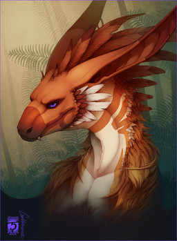 ambiguous_gender big_ears brown_body brown_feathers countershade_face countershade_neck countershade_torso countershading detailed_background fangs feathers feral fern forest fur horn long_ears multicolored_body multicolored_feathers outside plant pupils purple_eyes red_body red_feathers shrub slit_pupils smile solo teeth tree white_body white_countershading white_feathers year shinerai mythology shinerai_(character) dragon furred_dragon furred_scalie mythological_creature mythological_scalie scalie 2018 bust_portrait dated digital_media_(artwork) digital_painting_(artwork) painting_(artwork) portrait shaded signature soft_shading