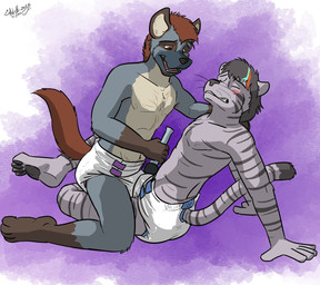 anthro clean_diaper clothed clothing diaper diaper_frottage diaper_only duo erection erection_in_diaper male male/male sex_toy tenting topless vibrator wand_vibrator wearing_diaper aliothfox canid canine canis felid mammal pantherine tiger wolf hi_res