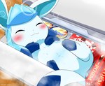 3_toes :3 ^_^ ambiguous_feral ambiguous_gender blue_body blue_fur blue_inner_ear blue_tail blue_tail_tip blush container dessert dipstick_tail eyes_closed featureless_crotch feet feral food freezer front_view fur ice_cream kemono leg_markings lying markings multicolored_body multicolored_fur multicolored_tail on_back quadruped smile socks_(marking) solo tail tail_markings toes two_tone_body two_tone_fur two_tone_tail white_body white_ears white_fur white_tail ambilly_aniki nintendo pokemon eeveelution generation_4_pokemon glaceon mammal pokemon_(species) 2023 colored digital_media_(artwork) full-length_portrait hi_res portrait shaded