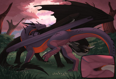 anus black_body bodily_fluids claws cunnilingus cutaway duo eyes_closed female female_feral feral feral_on_feral genital_fluids genitals horn licking male male/female male_feral membrane_(anatomy) membranous_wings oral orange_body paws penetration purple_body sex tail tongue tongue_out vaginal vaginal_penetration vulva wings conditional_dnp zenrii european_mythology mythology kalinda_(dark_dragon2694) dragon mythological_creature mythological_scalie scalie western_dragon absurd_res hi_res