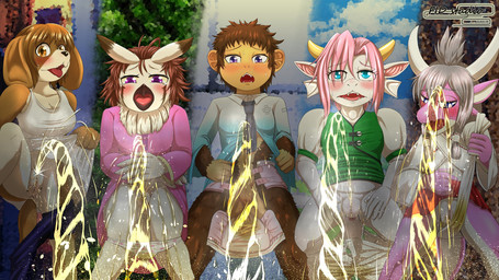 anthro anus asian_clothing beak bodily_fluids bottomwear bottomwear_down brown_body brown_fur brown_hair clothed clothing clothing_aside dress east_asian_clothing feathers female fur genital_fluids genitals grey_body grey_feathers grey_hair group hair horn japanese_clothing looking_pleasured miko_outfit mosaic_background open_mouth panties panties_aside panties_down pants pants_down partially_clothed peeing perspective pink_body pink_hair raised_bottomwear raised_clothing raised_leg raised_skirt scales school_uniform skirt sleeveless_shirt underwear underwear_aside underwear_down uniform urine urine_stream vulva watersports white_body white_scales fid mythology avian bird canid canine canis domestic_dog dragon haplorhine mammal monkey mythological_creature mythological_scalie primate scalie 16:9 hi_res widescreen