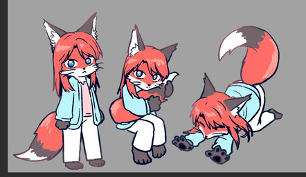 alternate_species anthro blue_clothing blue_eyes blue_jacket blue_topwear bottomwear clothing furrification holding_tail jacket male pants pawpads pink_clothing pink_shirt pink_topwear shirt solo stretching tail topwear white_bottomwear white_clothing white_pants yologyeolseogchung-gyeogpaswaeseogsul kaiji ichijou_seiya canid canine fox mammal
