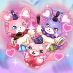 blue_eyes fur group heart_symbol looking_at_viewer male one_eye_closed orange_eyes pink_body pink_fur purple_body purple_fur semi-anthro wink pon_(artist) asian_mythology east_asian_mythology japanese_mythology level-5 mythology yo-kai_watch pinkipoo pookivil shmoopie yokai 1:1 hi_res