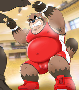 anthro armpit_hair belly big_belly bodily_fluids body_hair brown_body duo kemono male moobs musk overweight overweight_male solo_focus sweat wrestling_singlet shibatanukiti canid canine mammal raccoon_dog tanuki 2025 hi_res