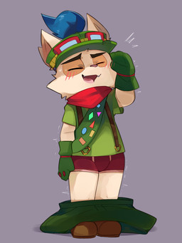 anthro assisted_exposure biped blush blush_lines bodily_fluids bottomwear bottomwear_down boxers_(clothing) brown_clothing brown_eyebrows brown_footwear brown_shoes cheek_tuft clothed clothed_anthro clothed_male clothing cute_fangs eyebrows eyes_closed eyewear eyewear_on_head facial_tuft fangs footwear fur gesture gloves goggles goggles_on_head green_bottomwear green_clothing green_gloves green_handwear green_hat green_headwear green_shirt green_shorts green_topwear grey_background handwear hat headgear headwear kerchief male male_anthro multicolored_clothing multicolored_gloves multicolored_handwear neckerchief neckwear open_mouth open_smile pants pants_down pantsing partially_clothed partially_clothed_anthro partially_clothed_male pink_nose pointy_ears red_clothing red_gloves red_handwear red_kerchief red_neckerchief red_underwear salute shaking shirt shivering shoes shorts shorts_down simple_background smile solo suspenders sweat tan_body tan_fur teeth tongue tongue_showing topwear tremble_spikes tuft underwear wardrobe_malfunction young smite_(artist) league_of_legends riot_games tencent teemo_(lol) mammal yordle 2025 3:4 digital_drawing_(artwork) digital_media_(artwork) hi_res