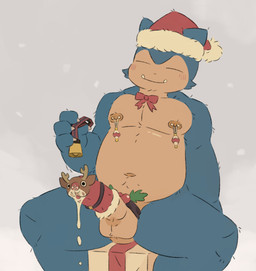 4_fingers accessory anthro areola balls barbell_piercing bell biped blue_body blue_fur blush blush_lines bodily_fluids bow_tie christmas_clothing christmas_headwear clothing cock_ring cock_sock countershade_face countershade_fur countershade_torso countershading cum cum_in_clothing cum_through_clothing erection facial_tuft fangs fingers footwear front_view fur genital_fluids genitals hat headgear headwear holidays holly_(plant) holly_on_penis humanoid_genitalia humanoid_penis jewelry male male_anthro narrowed_eyes navel nipple_piercing nipples nude_anthro nude_male penis penis_accessory penis_clothing penis_jewelry piercing plant santa_hat simple_background socks solo squint teeth tuft wet wet_clothing rokuyon christmas nintendo pokemon generation_1_pokemon pokemon_(species) snorlax 2026 portrait