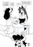 anthro blush breasts cleavage clothed clothing dialogue duo female jewelry lipstick makeup necklace speech_bubble tattoo text thought_bubble zwitterkitsune samantha_reyes wendy_larsson deer kobold mammal reptile scalie 2019 comic english_text monochrome