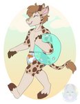 anthro clothed clothing diaper inflatable male pattern_diaper pool_toy pull-ups_(diaper) ring simple_background smile solo swim_ring thin_diaper walking wearing_diaper young young_anthro rileykit alex_(zoran) giraffe giraffid mammal hi_res