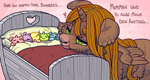 ambiguous_feral ambiguous_gender animal_noises baby_talk bed bedding blanket blue_body brown_body brown_fur brown_horn brown_wings chirping dialogue eyebrows female female_feral feral fur furniture good_parenting green_body green_eyes group hair horn love monotone_body monotone_fur mouth_closed neonate orange_eyebrows orange_hair pillow pink_body purple_body quadruped sleeping sleeping_together smile text under_covers wings yellow_body young young_ambiguous young_feral bugbox fluffy_pony mythology equid equine fluffy_pony_(species) mammal mythological_creature mythological_equine winged_unicorn digital_media_(artwork) english_description english_text intralingual_translation mother_(lore) mother_and_child_(lore) parent_(lore) parent_and_child_(lore)