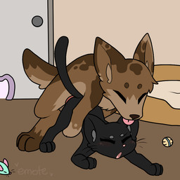 ambiguous_feral ambiguous_gender ambiguous_penetrated ass_up black_body black_fur blush brown_body brown_fur cat_toy doggystyle duo eyes_closed fast_sex feral feral_on_feral feral_penetrated feral_penetrating feral_penetrating_feral from_behind_position fur genitals humping interspecies knot knotted_penis male male/ambiguous male_feral male_penetrating male_penetrating_ambiguous markings obscured_penetration penetration penile penile_penetration penis pet_bed sex size_difference smaller_penetrated spots spotted_markings thrusting tongue tongue_out whiskers emote-o canid canine canis domestic_cat domestic_dog felid feline felis mammal animated
