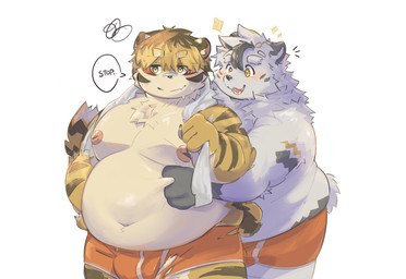 anthro belly belly_grab blush briefs bulge clothing duo grope groping_from_behind male male/male moobs navel nipples overweight underwear n0nggai tamacolle arctos_(tamacolle) bear felid mammal pantherine polar_bear tiger ursine hi_res