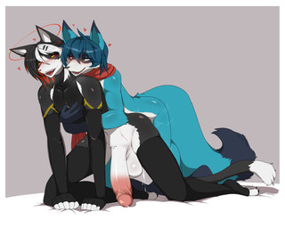 accessory anthro armwear balls big_balls big_penis black_body black_fur black_hair blue_body blue_fur blue_hair blush bodily_fluids clothing crop_top cum cum_drip cum_in_ass cum_inside doggystyle dripping duo erection from_behind_position fur genital_fluids genitals green_eyes hair hair_accessory hairclip halo heart_symbol hearts_around_head hug legwear male male/male multicolored_body open_mouth penis precum red_eyes red_hair red_scarf scar scarf sex shirt simple_background skinny_male stripes topwear two_tone_body white_body white_fur yellow_eyes yellow_stripes 9live kyu_(9live) canid canine domestic_cat felid feline felis fox hybrid mammal procyonid raccoon hi_res