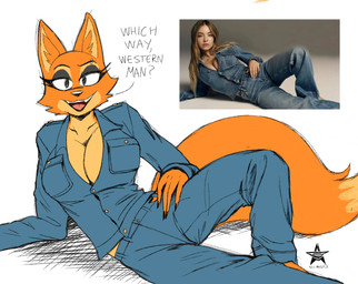 anthro barefoot blonde_hair blue_bottomwear blue_clothing blue_jeans blue_pants bottomwear breasts cheek_tuft cleavage clothed clothing denim denim_bottomwear denim_clothing dialogue duo eyebrow_piercing facial_piercing facial_tuft feet female fur hair jeans long_hair looking_at_viewer lying makeup on_side pants photo_reference piercing red_body red_fur simple_background solo_focus text tuft white_background n.c._mentis dreamworks the_bad_guys which_way_western_man? diane_foxington sydney_sweeney canid canine fox mammal red_fox true_fox absurd_res english_text hi_res meme reference_image