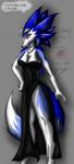 anthro biped black_nose blue_body blue_fur breasts clothing dress female fur horn jewelry looking_at_viewer pink_eyes solo standing text white_body white_fur snowfyre monster_rancher tecmo g-sci_(snowfyre) canid canine canis mammal tiger_(monster_rancher) wolf 2010 english_text hi_res