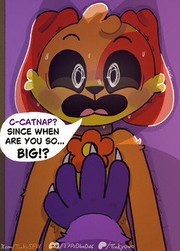 anthro black_eyes blush blush_lines bodily_fluids charm_(jewelry) claws dialogue dominant dominant_male duo finger_claws fur jewelry male male/male necklace on_ground on_top orange_body orange_fur pressed pupils purple_body purple_fur shaking size_difference speech_bubble submissive submissive_male sweat sweatdrop text tongue white_pupils yellow_body yellow_fur tinky mob_entertainment poppy_playtime smiling_critters catnap_(poppy_playtime) dogday_(poppy_playtime) canid canine canis domestic_cat domestic_dog felid feline felis mammal english_text hi_res