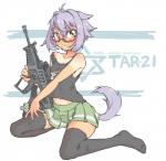 animal_ears assault_rifle bite biting_lip biting_own_lip bottomwear breasts cleavage clothed clothing eyewear female fingers fur glasses gun hair holding_assault_rifle holding_gun holding_object holding_ranged_weapon holding_rifle holding_weapon israel israeli_flag kneeling legwear mtar-21 navy pleated_skirt purple_body purple_fur purple_hair ranged_weapon rifle self_bite shirt sight simple_background skirt smile solo stockings suntan tail tan_line tank_top text thigh_highs topwear weapon yellow_eyes jarv_(artist) animal_humanoid human humanoid mammal tailed_humanoid 2017 english_text hi_res