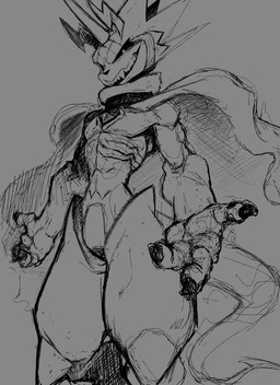 anthro cape claws clothing evil_grin finger_claws horn male sharp_teeth smile solo teeth tenacitrus bandai_namco digimon digimon_ghost_game digimon_(species) gulusgammamon scalie hi_res monochrome sketch
