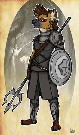 anthro armor brown_body brown_fur brown_hair fur gladiator hair male melee_weapon piercing polearm red_eyes shield solo trident warrior weapon ziegelzeig doxa_(ziegelzeig) hyena mammal 2022 hi_res