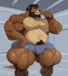 anthro beard biceps body_hair bulge chest_hair clothed clothing facial_hair hair hairy male musclegut muscular muscular_anthro muscular_male mustache pecs pubes solo standing topless whiskers guzreuef mammal mustelid otter absurd_res hi_res