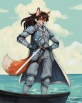 anthro armor biped black_nose clothed clothing dipstick_tail fully_clothed markings melee_weapon outside solo sword tail tail_markings weapon lora_mclaren canid canine fox mammal 2024 hi_res