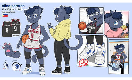 5_fingers anthro ball basketball_(ball) basketball_hoop basketball_uniform black_hair blue_body blue_ears blue_eyes blue_fur blue_hair blue_tail bodily_fluids bottomwear breasts clothing collarbone female fingers food footwear front_view fur hair hand_on_hip hoodie jersey knee_pads legwear looking_back mouth_closed number number_on_clothing number_on_jersey number_on_topwear open_mouth pants philippine_flag pizza rear_view shirt shoes shorts sleeveless_shirt smile socks solo sportswear sweat tail text tied_hair topwear uniform white_bottomwear white_clothing white_footwear white_sclera white_shirt white_shoes white_shorts white_topwear yellow_clothing yellow_hoodie yellow_topwear conditional_dnp sonokido ventura_city_drifters alina_scratch domestic_cat felid feline felis mammal russian_blue 2023 digital_media_(artwork) english_text full-length_portrait hi_res letterbox model_sheet portrait