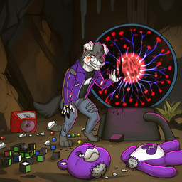 ambiguous_gender anthro bared_teeth black_body black_fur broken_furniture broken_glass cave clothing cloudco fur glass gumball_(candy) gumball_machine ink inside melting plant plasma_ball purple_clothing red_body red_eyes red_fur solo teeth torn_clothing white_body white_fur diacordst care_bears rubik's_cube canid canine canis domestic_dog mammal 1:1 absurd_res hi_res