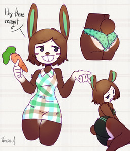 anthro athletic_wear big_teeth blush blush_stickers breasts brown_body brown_fur buckteeth butt butt_shot carrot clothing collared_dress dialogue female food frilly frilly_clothing frilly_panties frilly_underwear fur holding_food holding_object lying multiple_poses navel_outline on_side panties pattern_background plant pose simple_background sleeveless_dress solo tail teeth underwear vegetable verashaabrthy animal_crossing nintendo carmen_(animal_crossing) lagomorph leporid mammal rabbit hi_res