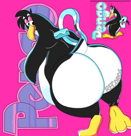 ambiguous_gender angle_view anthro anthrofied beak belly big_belly big_butt black_body butt feet happy_hardcore huge_butt markings multicolored_body orange_beak orange_feet overweight overweight_ambiguous overweight_anthro pengo_records pink_eyelids presenting presenting_hindquarters solo standing text thick_thighs white_body white_markings wind-up_key cowprintsoda avian bird living_toy mammal penguin hi_res reference_image