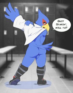 anthro backsack balls beak bench blue_balls blue_body blue_eyes blue_feathers blush boots bottomless butt clothed clothing depth_of_field detailed_background dialogue dressing eye_markings eyebrows feathers footwear genitals inside jacket locker locker_room looking_at_viewer looking_back male markings open_mouth plantigrade raised_heel rear_view shadow shoes solo speech_bubble standing tail tail_feathers talking_to_viewer text tongue topwear voyeur permavermin nintendo star_fox falco_lombardi avian bird falcon falconid 2015 digital_media_(artwork) english_text full-length_portrait hi_res portrait