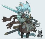 4_fingers anthro belt black_nose blue_body blue_fur blue_hair blue_tail boots cloak clothed clothing cyan_ears ear_piercing ear_ring eye_patch eyewear fingers footwear fur green_eyes hair hand_in_pocket holding_melee_weapon holding_object holding_sword holding_weapon kemono looking_away melee_weapon multicolored_body multicolored_fur piercing pockets ring_piercing scabbard scarf shoes simple_background solo standing star sword tail text two_tone_body two_tone_fur warrior weapon white_background white_body white_fur rikose domestic_cat felid feline felis mammal 2008 japanese_text translation_request