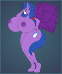 4_fingers accessory anthro areola big_breasts blue_hair blue_tail bow_ribbon breasts cutie_mark ear_tuft eyelashes feathered_wings feathers female fingers green_eyes hair hair_accessory hair_bow hair_ribbon hooves huge_breasts hyper hyper_breasts looking_at_viewer nipples purple_areola purple_body purple_feathers purple_nipples ribbons sharp_teeth smile solo standing tail teeth tuft wings axelferdinan beholdervee hasbro my_little_pony mythology fan_character equid equine mammal mythological_creature mythological_equine pegasus digital_media_(artwork) hi_res