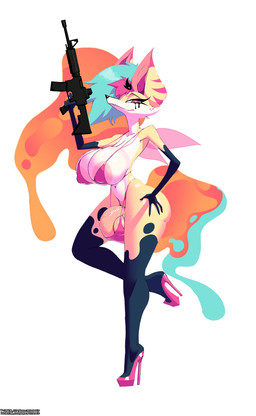 anthro areola areola_slip assault_rifle balls big_breasts breasts clothing duo footwear genitals glistening glistening_balls glistening_genitalia glistening_penis gun gynomorph high_heels intersex looking_at_viewer on_one_leg penis pink_clothing pink_footwear pink_high_heels pink_swimwear ranged_weapon rifle shoes simple_background solo standing swimwear text two-piece_swimsuit vein veiny_penis weapon white_background dracreloaded hellaverse helluva_boss mythology queen_bee-lzebub_(helluva_boss) arthropod bee canid canid_demon canine demon fox hellhound hybrid hymenopteran insect mammal mythological_canine mythological_creature absurd_res artist_name hi_res url