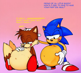 abdominal_bulge ambiguous_gender ambiguous_prey anthro blue_body blue_fur brown_body brown_fur dialogue duo fur gradient_background half-closed_eyes hand_on_belly headpat licking licking_lips looking_pleasured male male_pred narrowed_eyes simple_background text tongue tongue_out unwilling_prey vore young young_anthro young_prey puyopopper adventures_of_sonic_the_hedgehog sega sonic_the_hedgehog_(series) miles_prower sonic_the_hedgehog canid canine eulipotyphlan fox hedgehog mammal 2026 colored english_text